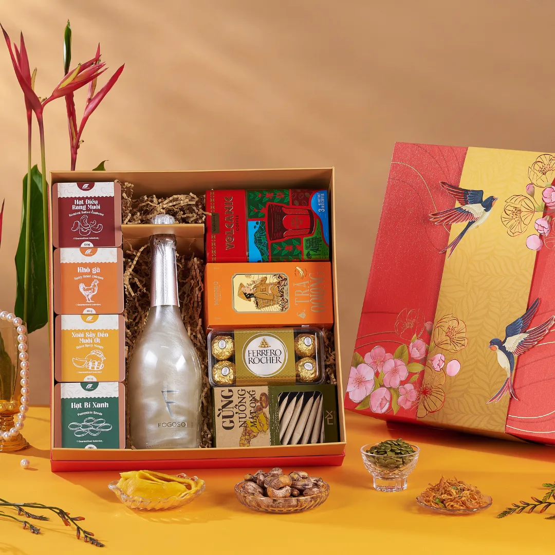 Hộp quà tết sáng tạo, mới mẻ cho doanh nghiệp với rượu vang nổ Sparkling Fogoso 5 màu, hiệu ứng đẹp mắt, khui mở một năm mới thịnh vượng, giàu có, hạnh phúc!